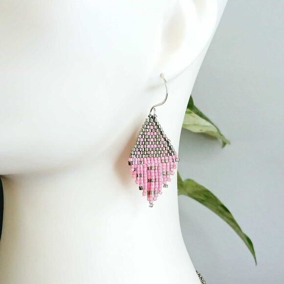 Boho Chic Beaded Fringe Dangle Earrings, Pink & Grey Seed Bead Jewelry, 2" - Picture 1 of 6